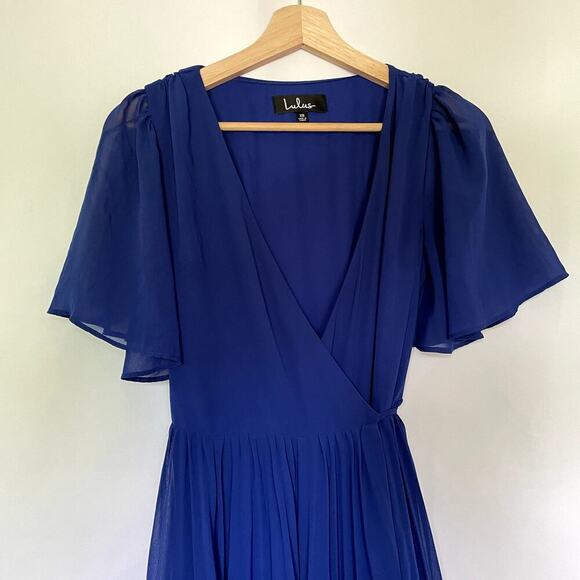 Lulus royal blue midi length wraparound dress v-neck circle skirt size XS flowy - Picture 2 of 8